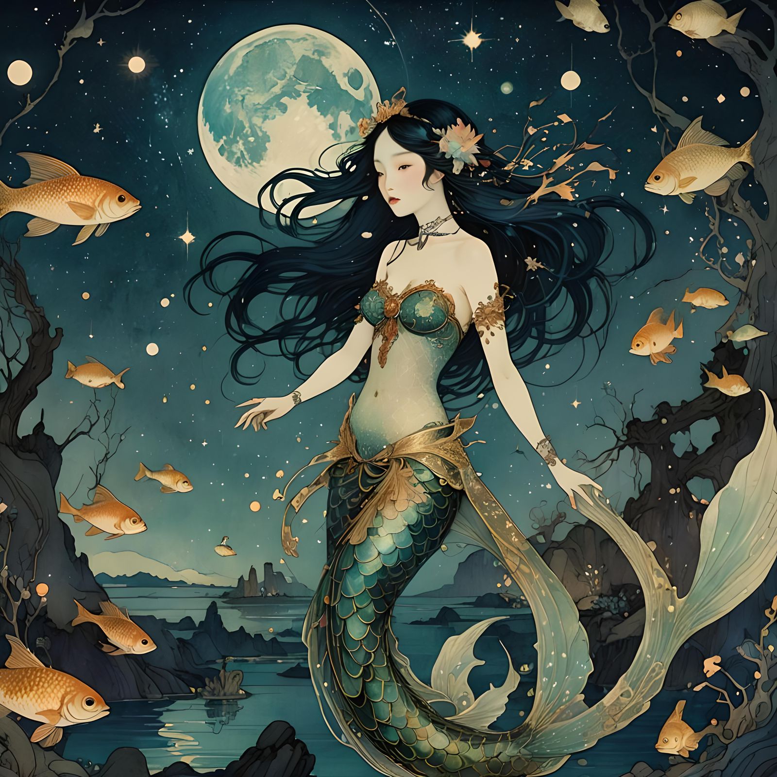 Asian Mermaid in Starry Night, Golden Age Illustration