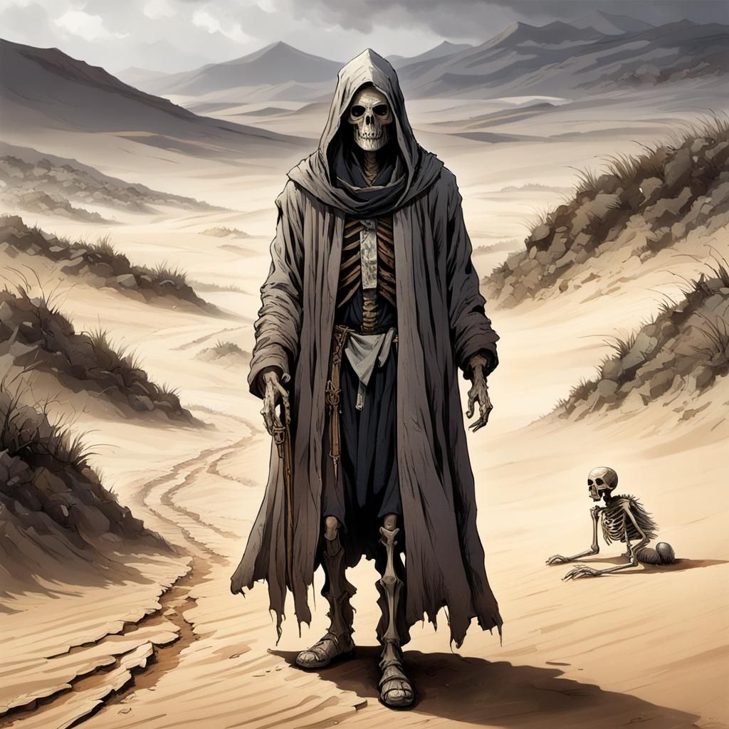 Farmer and Skeleton on Weathered Road