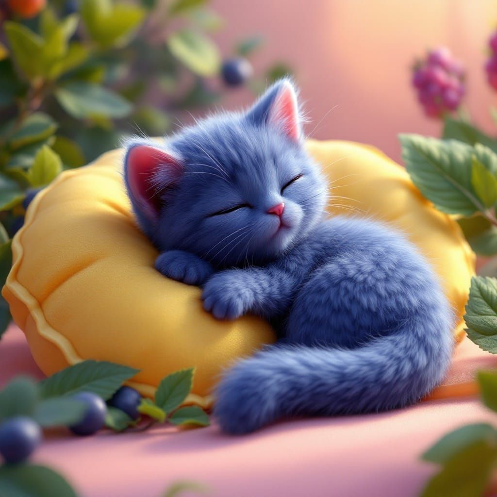 Whimsical Blueberry Kitten on a Lemon Pillow in Dreamlike Se...