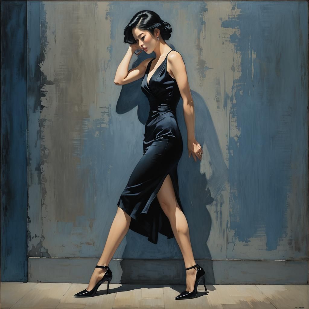 Woman in Black Dress Leaning in Dimly Lit Room