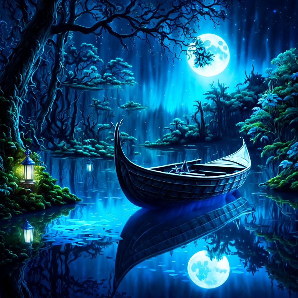 Bioluminescent Elven Boat on Magical Forest Lake