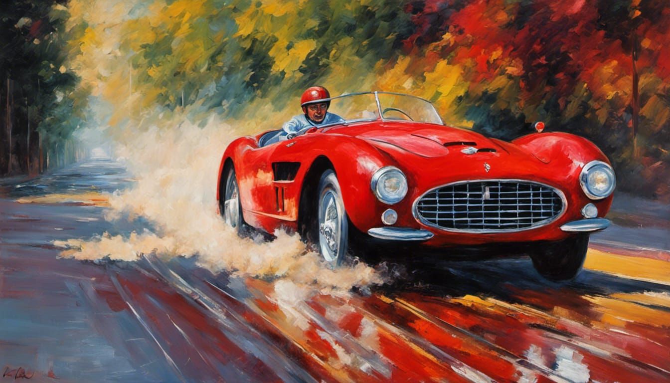 Red Ferrari Barchetta Drifting, Neo-Impressionist Painting