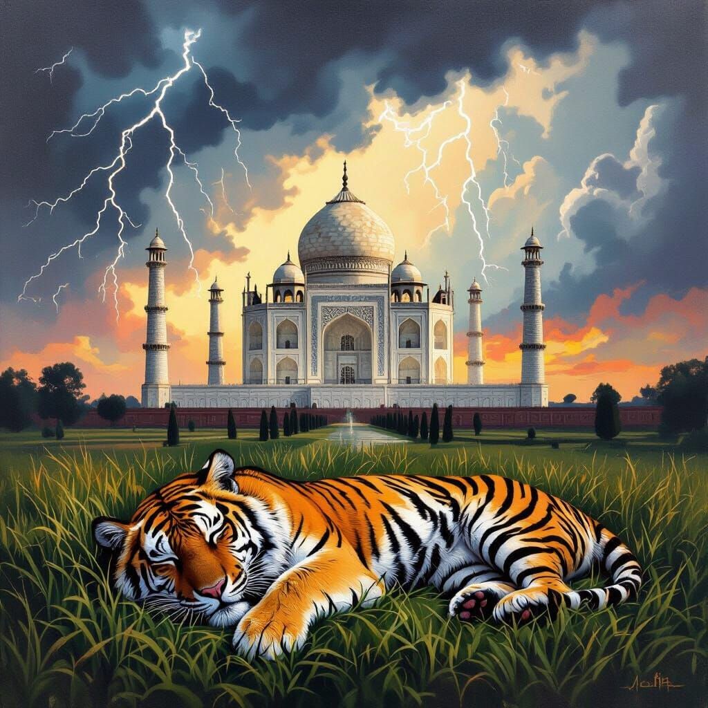 Tiger Sleeps by Taj Mahal During Thunderstorm