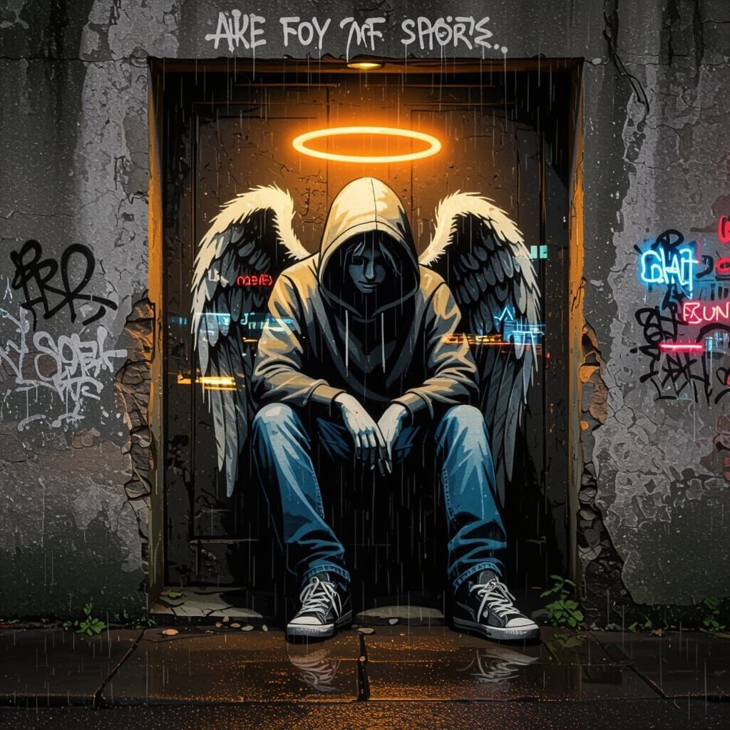 Banksy-Style Angel Sitting in Urban Doorway at Night