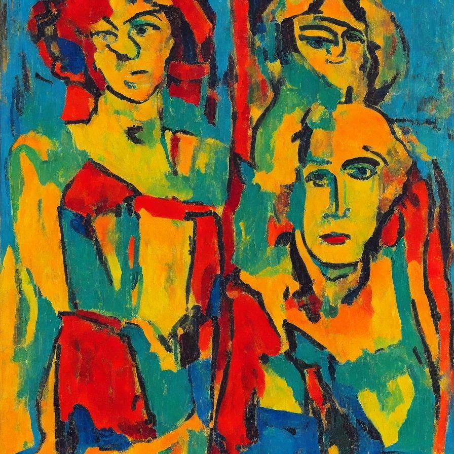Vibrant and expressive portrait of a young woman in the bold, Fauvist style of André Derain