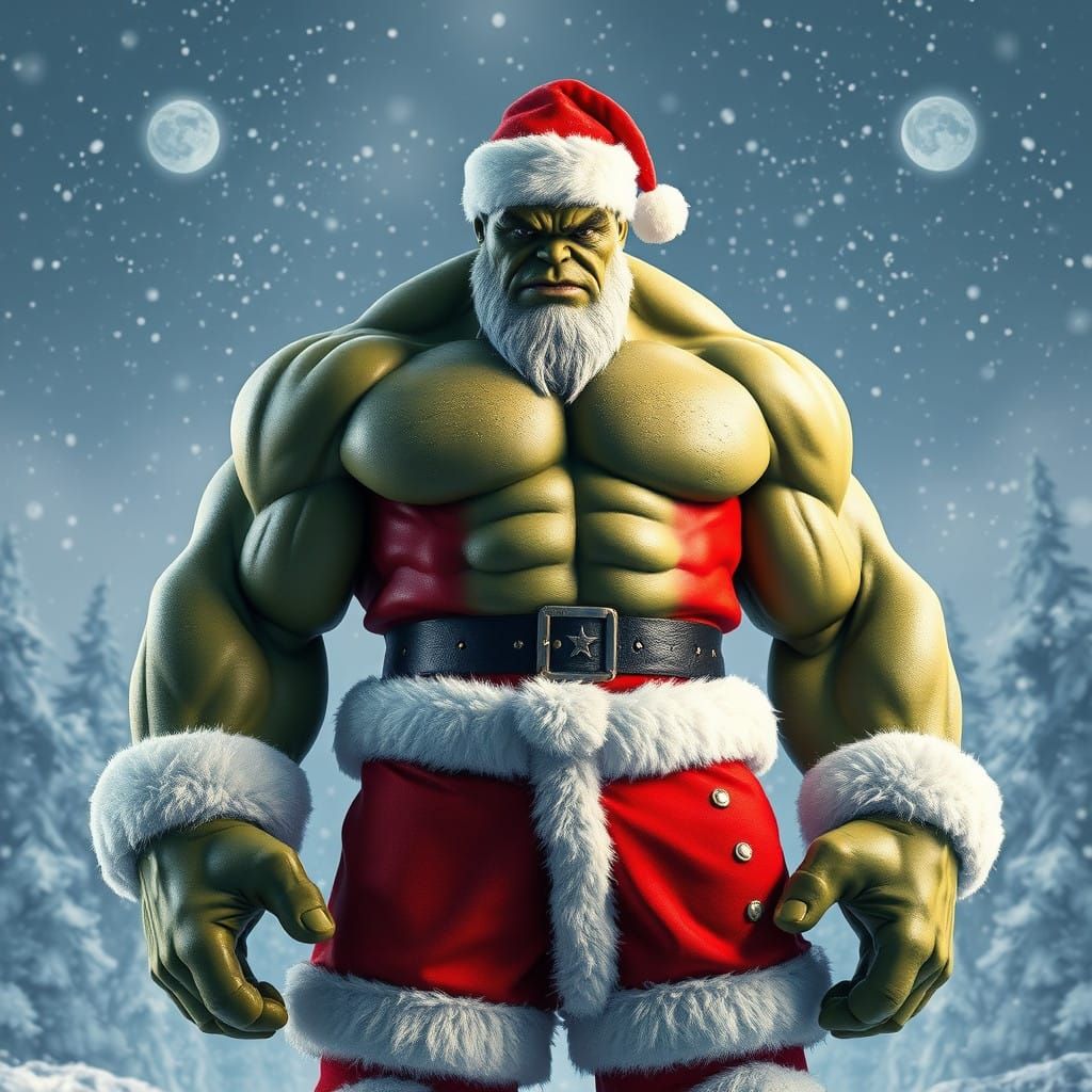 Hyper-Realistic Hulk in Santa Claus Attire