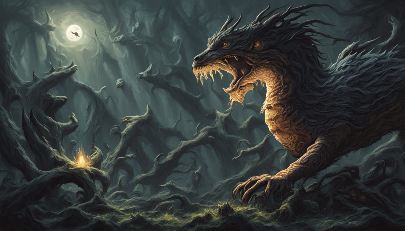 Eerie Mythological Landscape Under Blood Moon