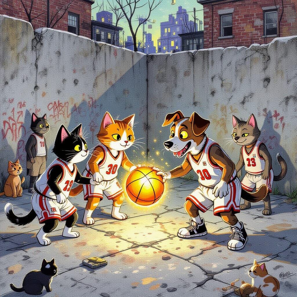 Whimsical Pencil Sketch: Stray Pets Basketball Game