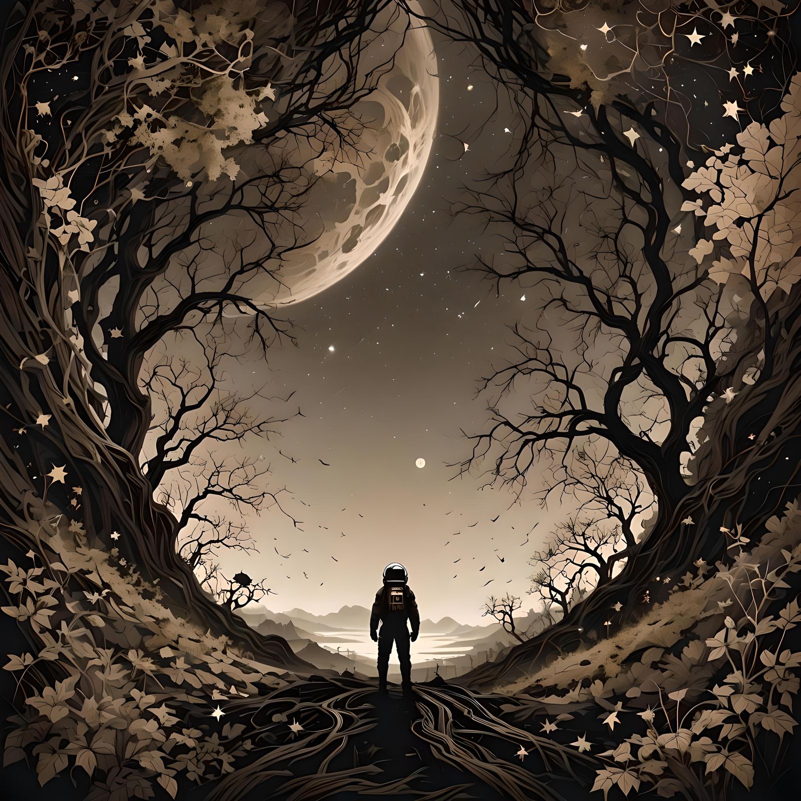 Apocalyptic Space Marquetry in Sepia and Monochrome