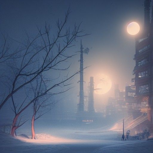 Steampunk City Winter Night: Yuan-Ti in Anime Style