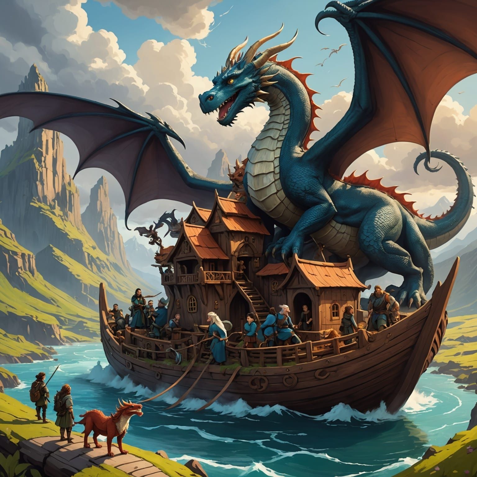 Noah's Ark with Cartoon Dragons in Curvy Perspective
