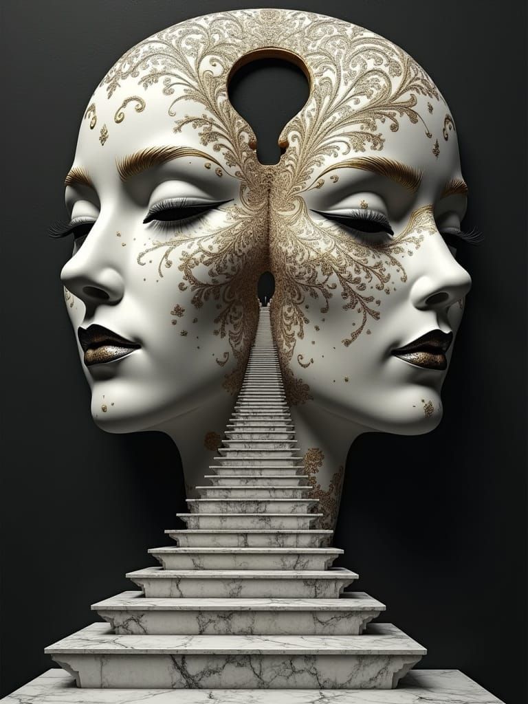 Symmetrical Carnival Masks in Grand, Golden Staircase Archit...