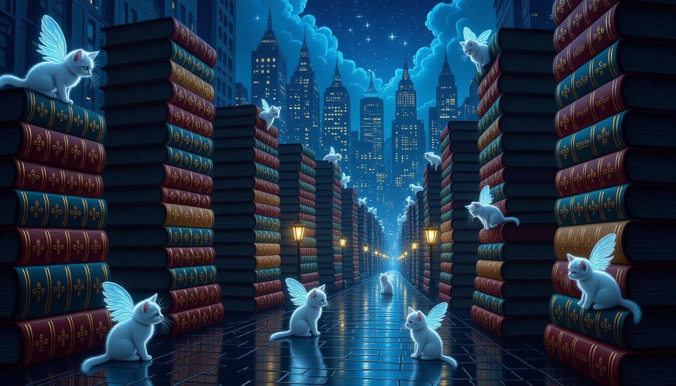 Surreal Cityscape of Book Buildings and Ink Streets with Win...