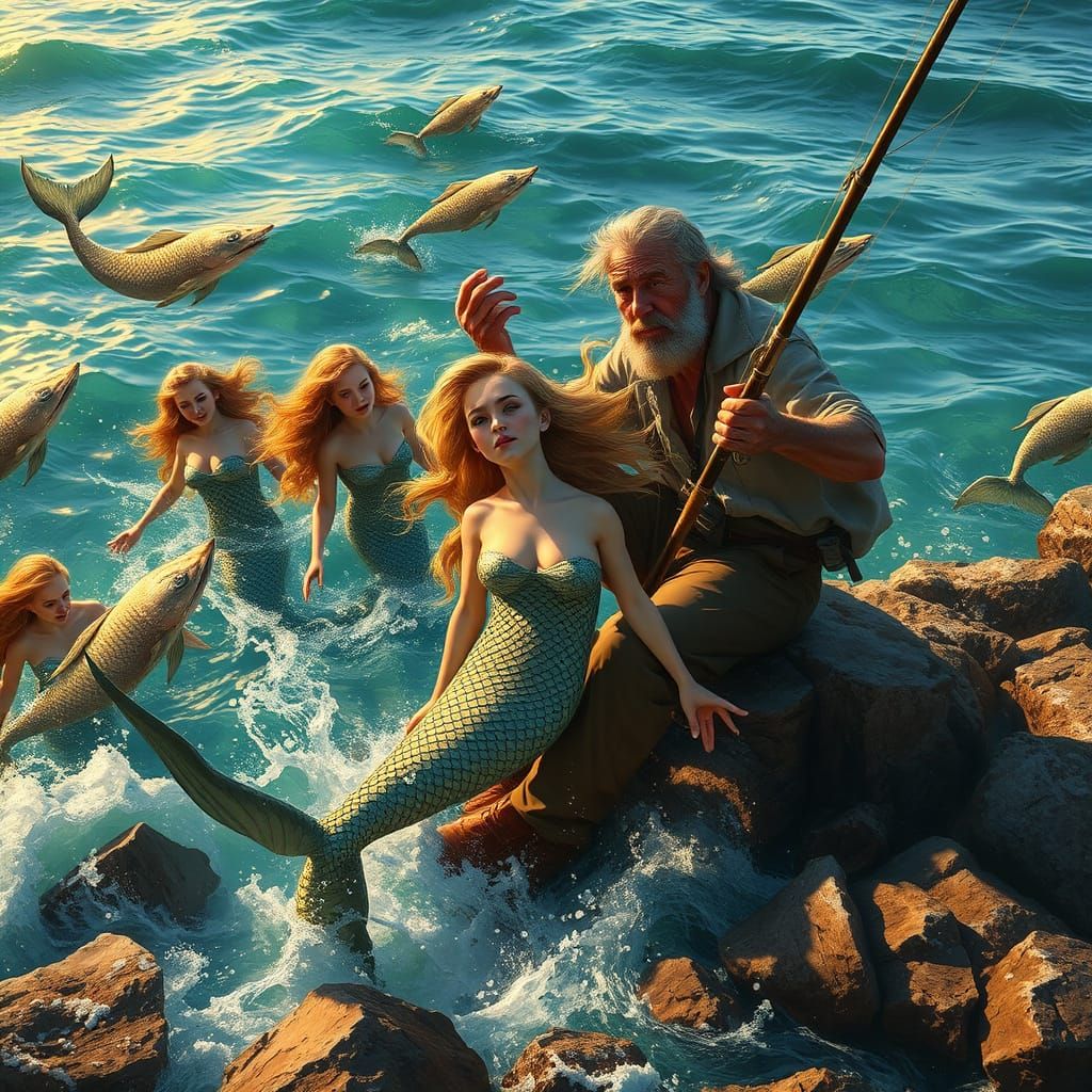 Sensual Mermaids Dance in Crystal Waters, as a Fisherman Pon...