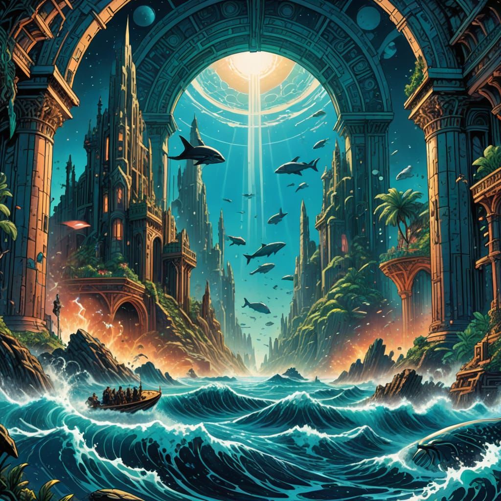 Atlantis and Inhabitants in Comic Book Style