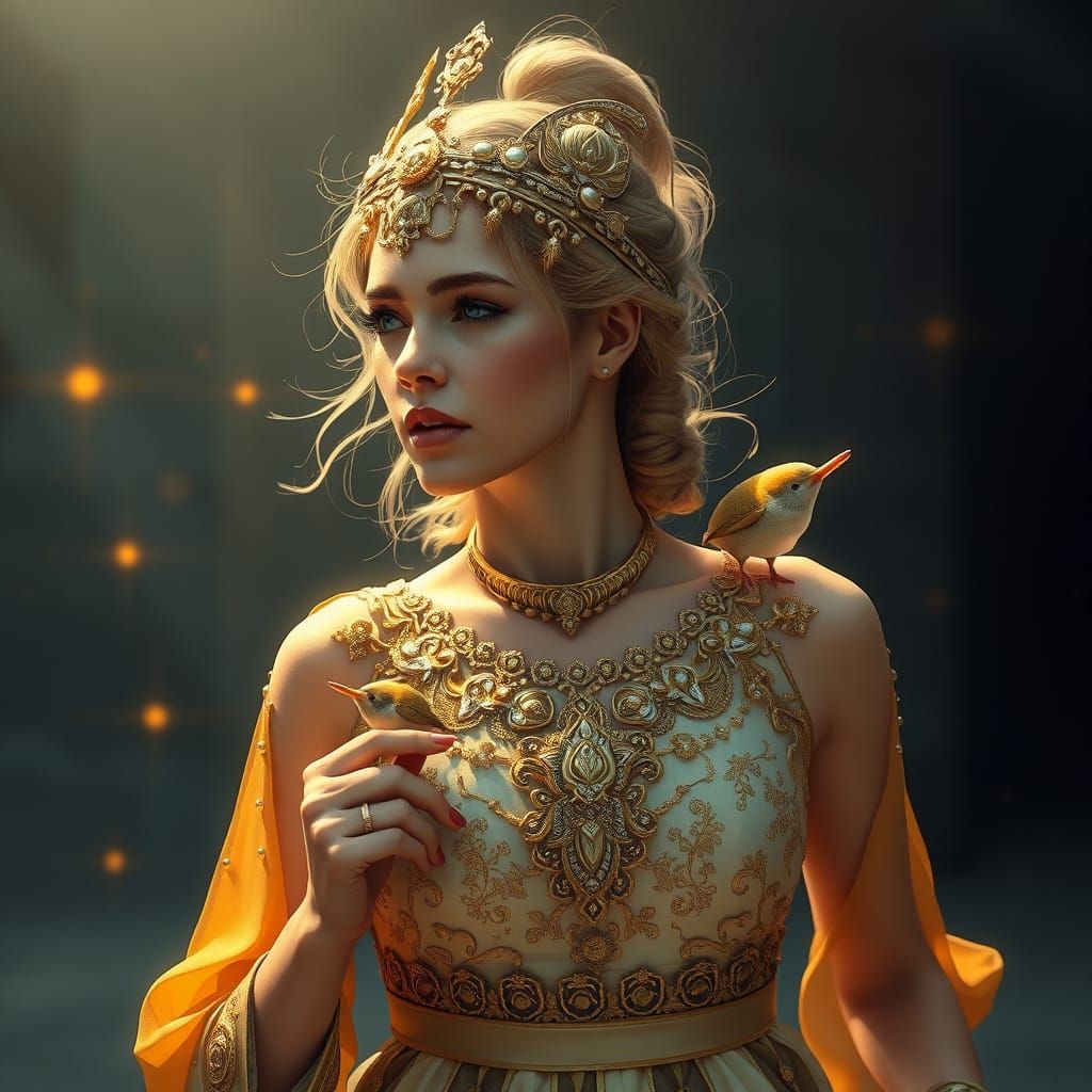 Regal Woman with Wings and Elaborate Gown on Catwalk