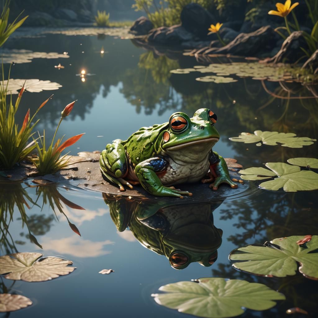 Frog Gazing at Reflection: Detailed Matte Painting