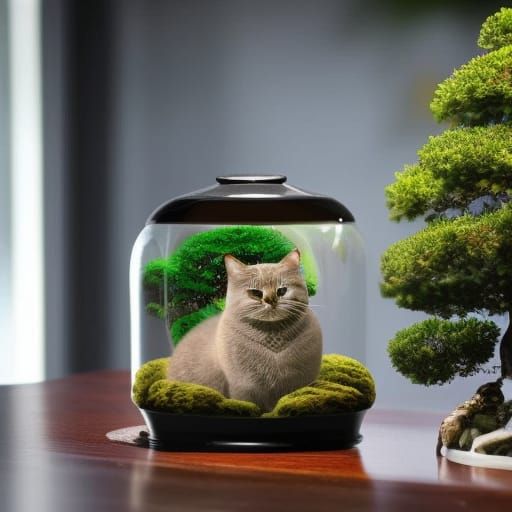 Wise Cat in Jar with Bonsai, Electric Lightning