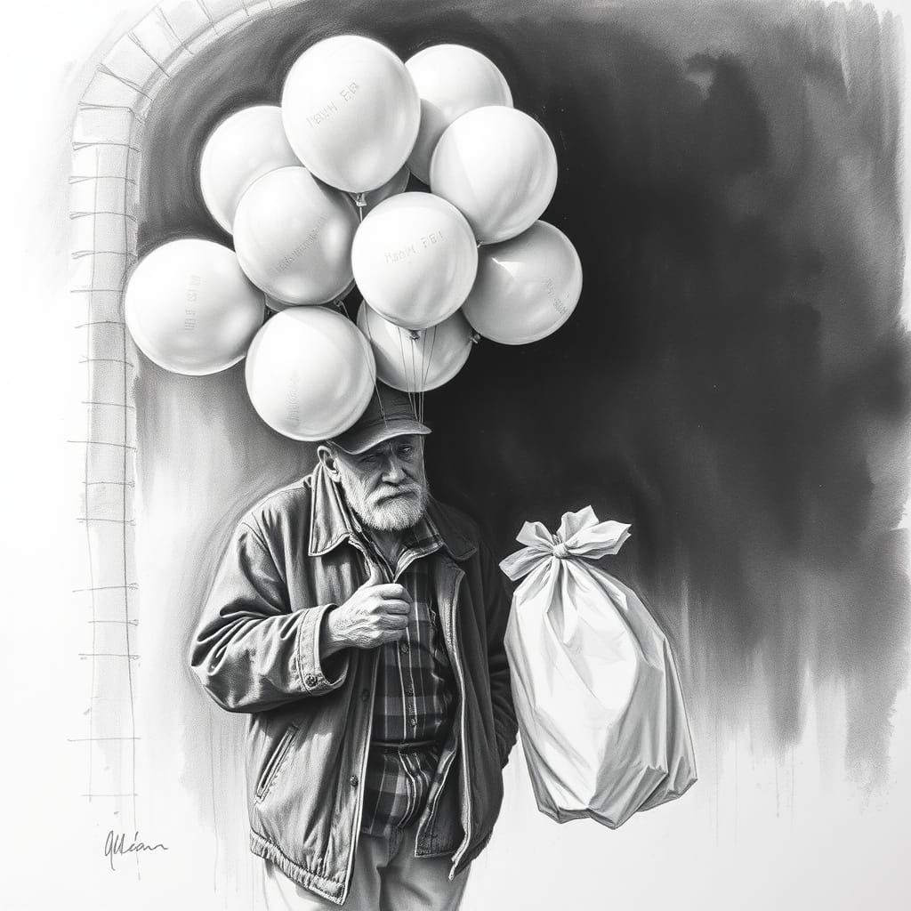 Hyperdetailed Charcoal Drawing of Old Man Selling Balloons