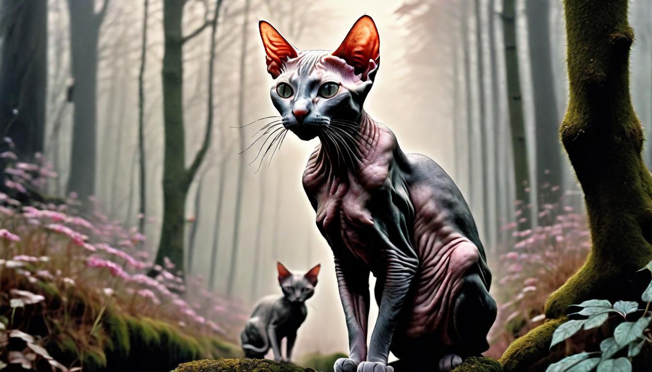 Hairless Cat in Misty Forest, Realistic Photo