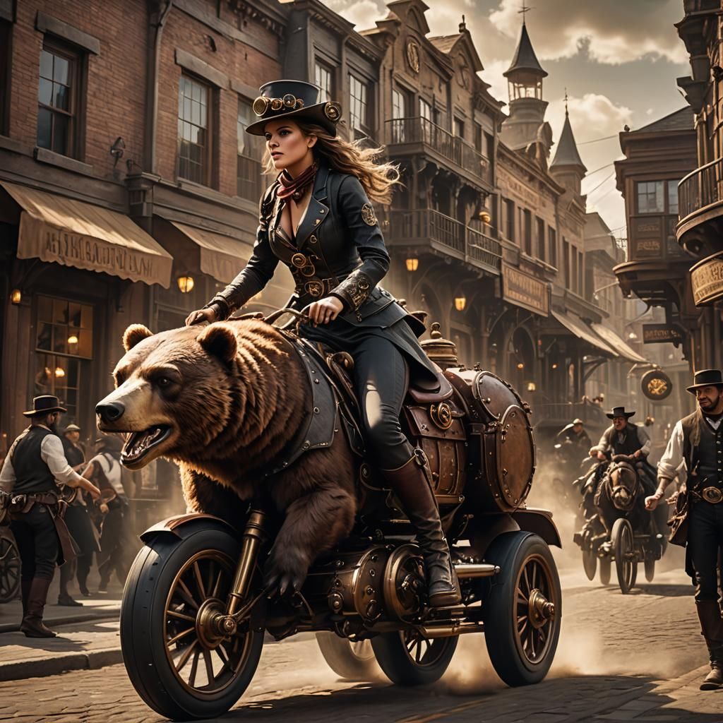 Create an image of a European Steampunk girl riding upon the...