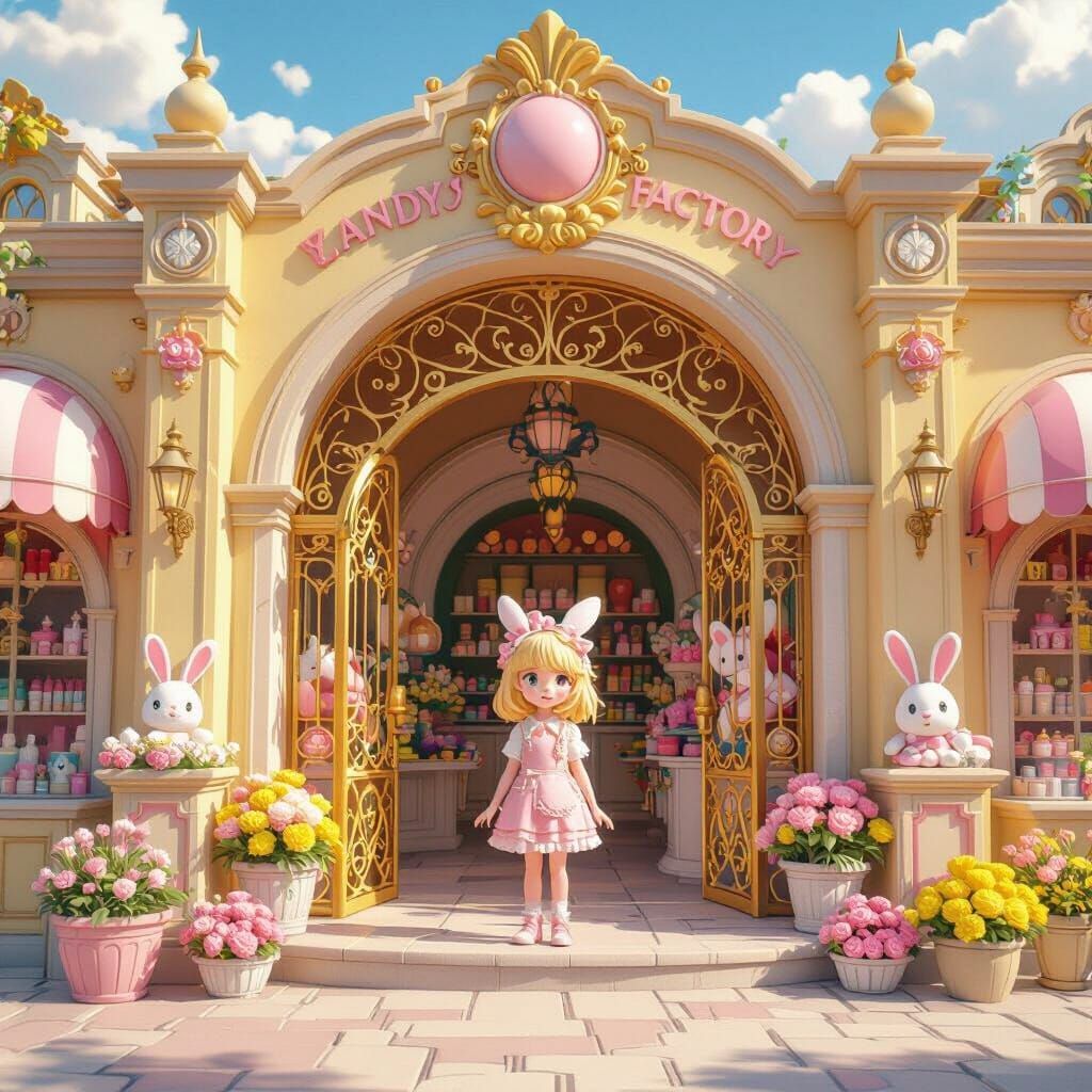 Whimsical Candy Factory Entrance With Golden Gates