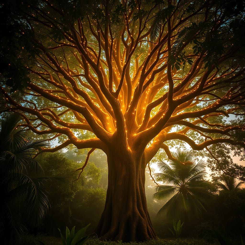 Majestic Kapok Tree Radiates Soft Golden Light with Faerie L...