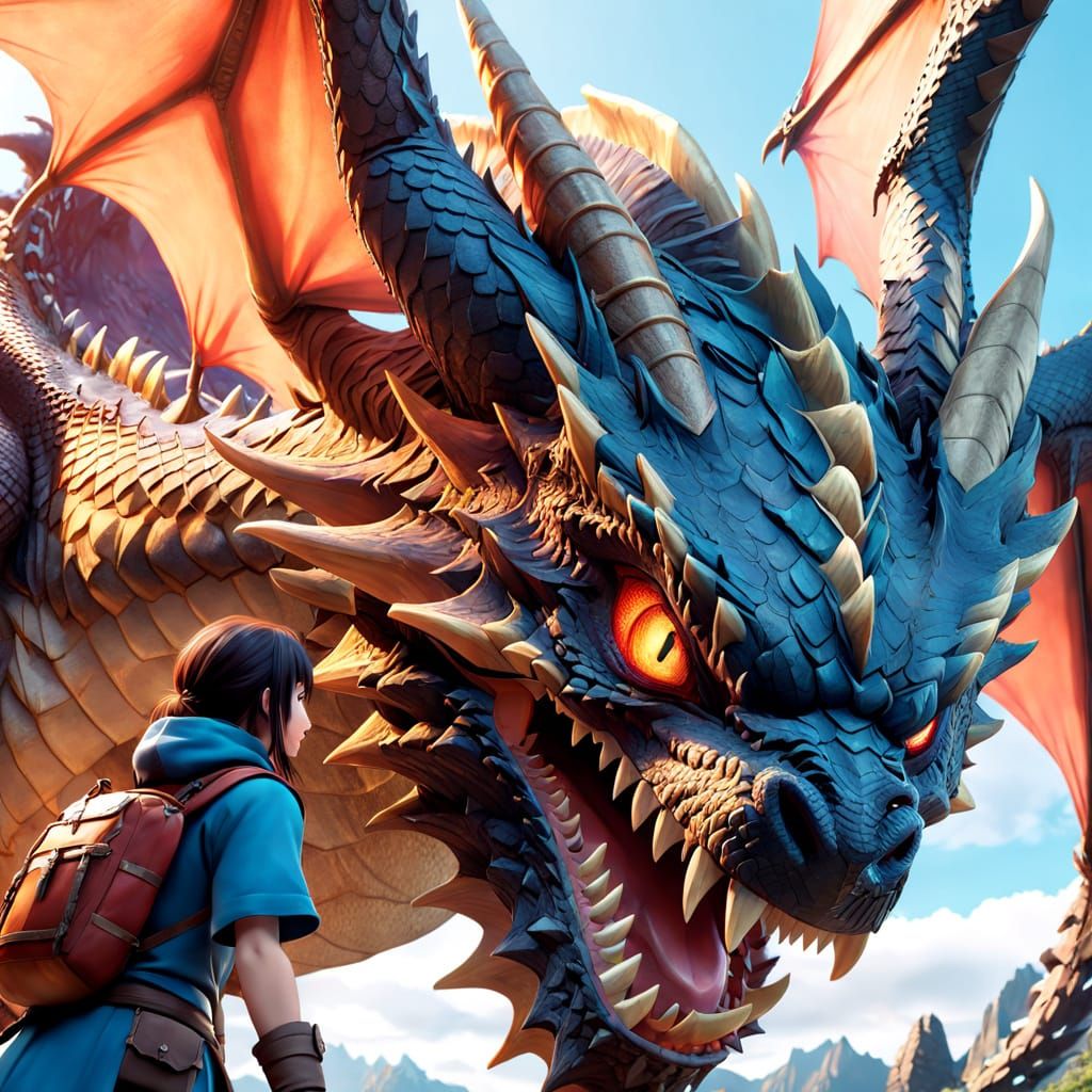Adventurer Faces Giant Dragon in 3D Anime Art