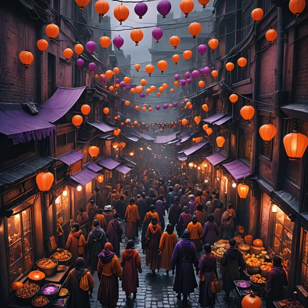 Vibrant Market in Dark Fantasy Alleyway