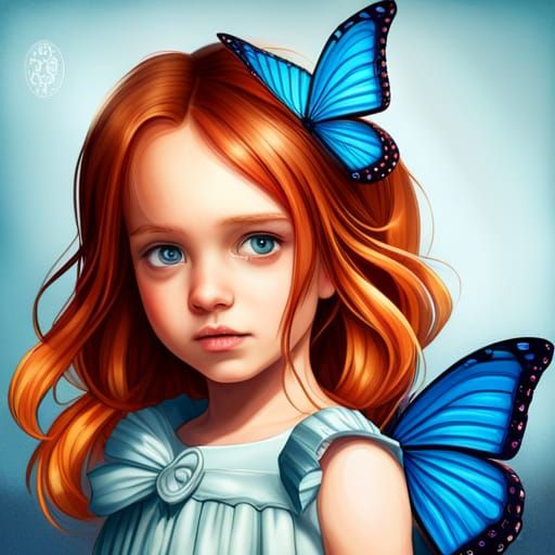 Red-Haired Girl in Butterfly Dress, Detailed Portrait