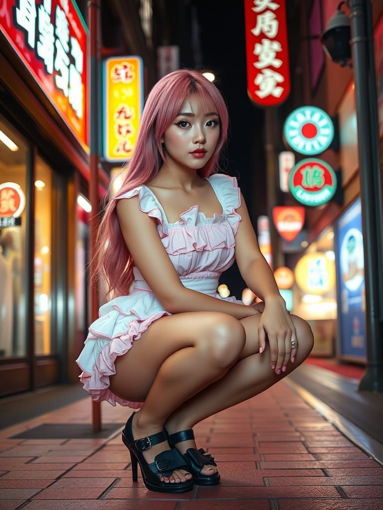 Japanese Beauty Posing in Neon-Lit Osaka Streets, Long Pink ...