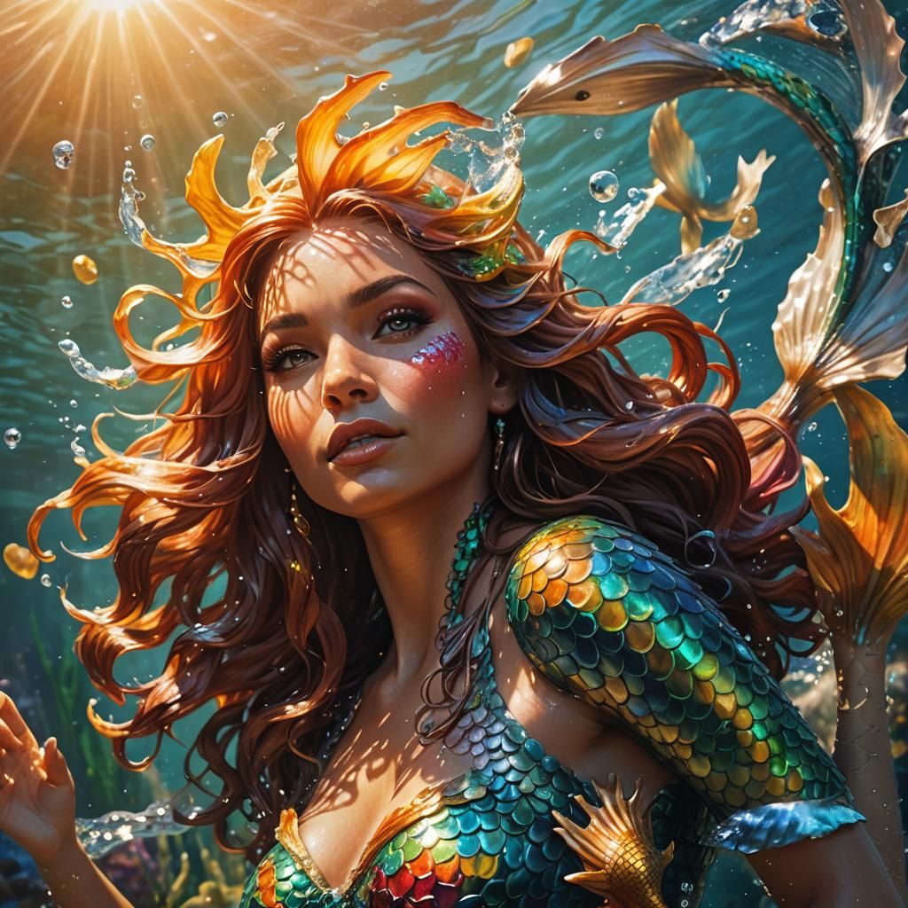 Sunbathing Mermaid in Hyperrealistic Splash Art