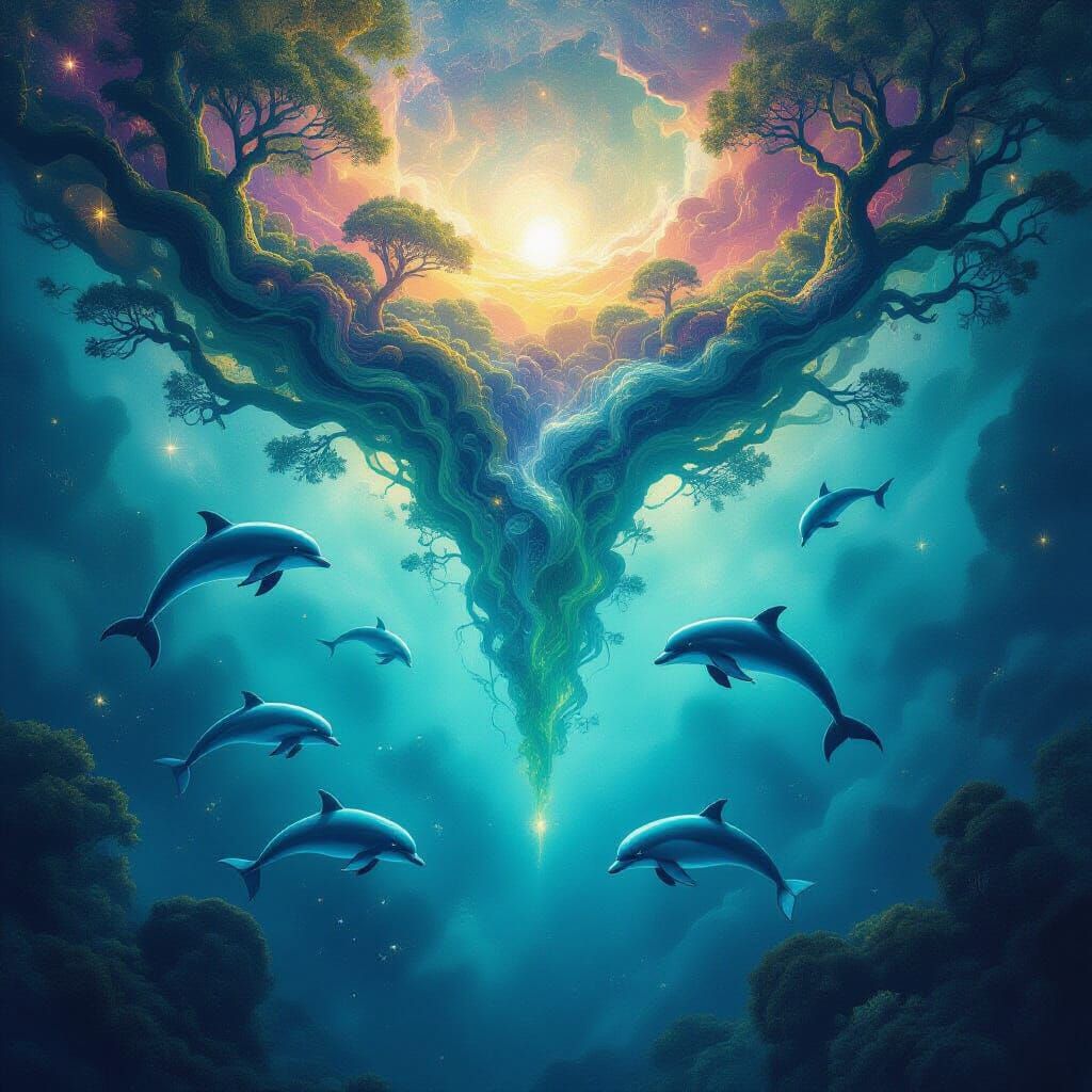Upside Down Cosmic Forest with Swimming Dolphins