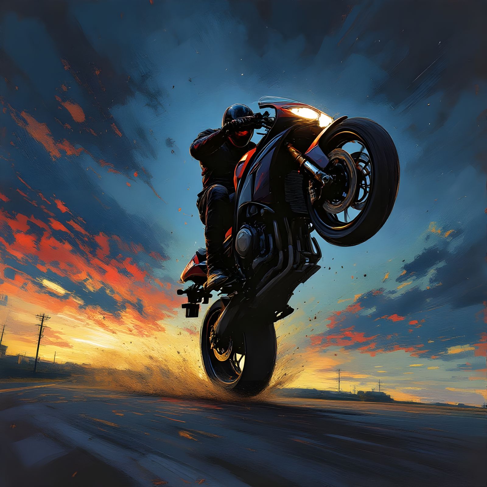 Rider on a Freeway Wheelie in a Chaotic Oil Painting Style