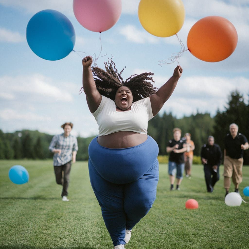 Overweight Woman Cheering with Balloons in Cinematic Style