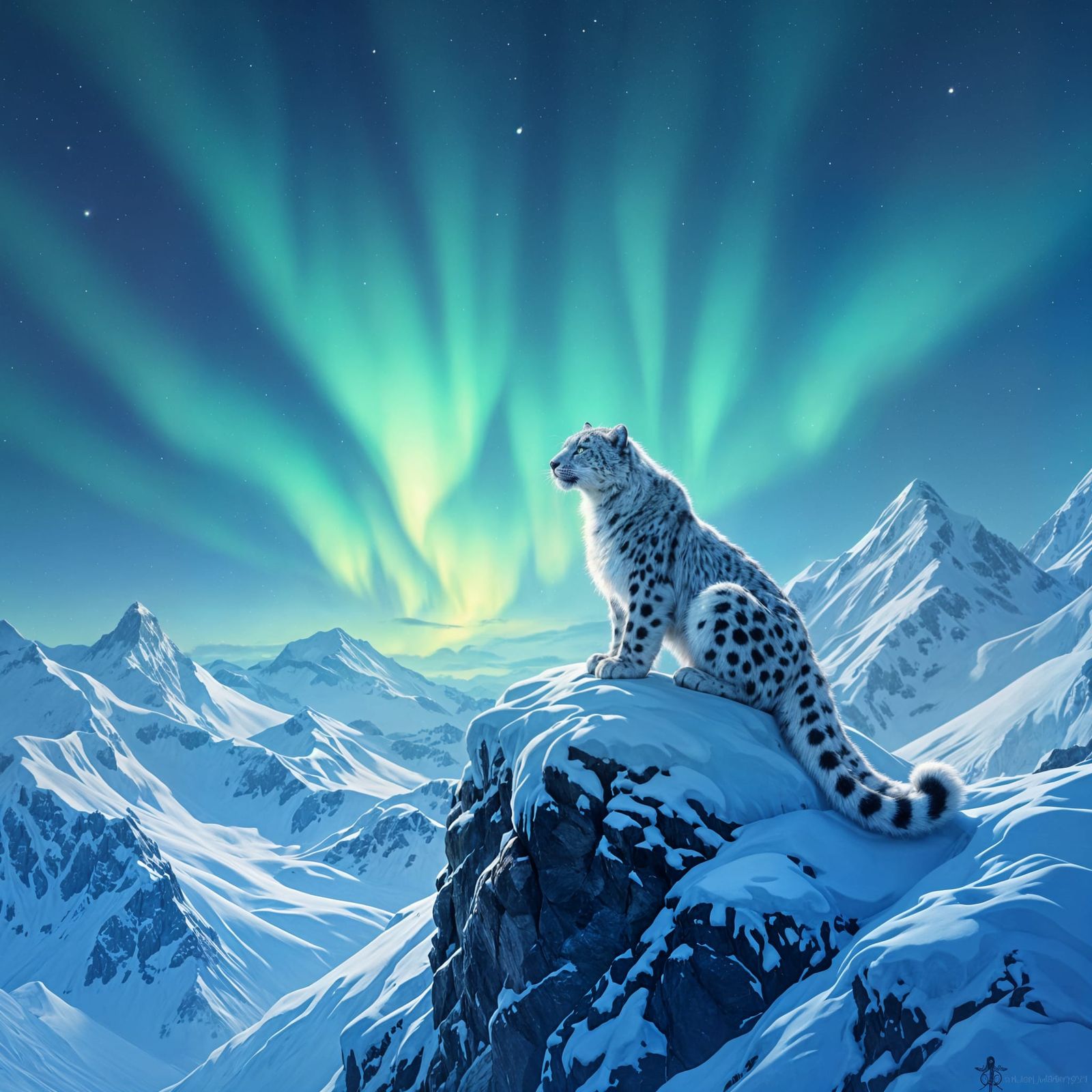 Snow Leopard Under Aurora Borealis on Icy Peak