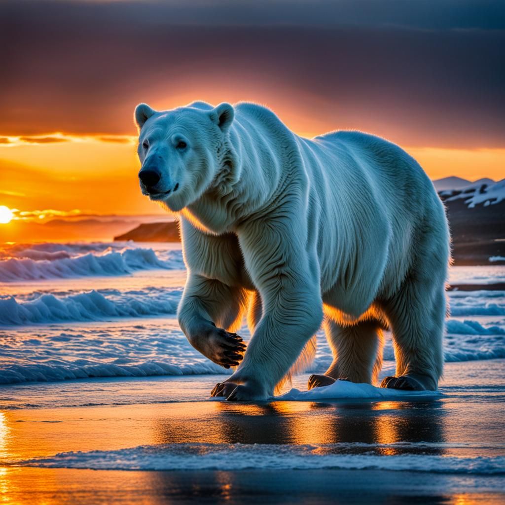 Dramatic Sunset Over Beach with Polar Bear