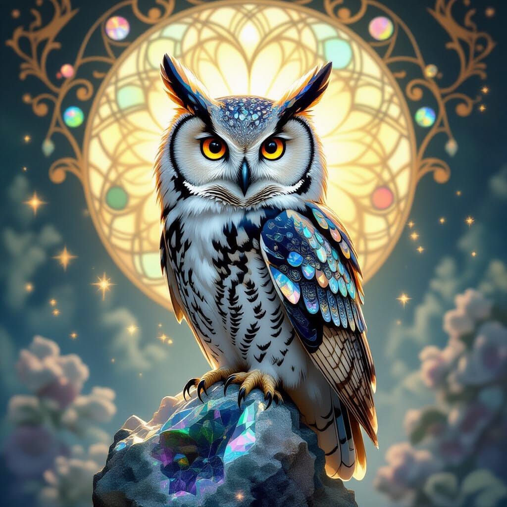Crystal Owl Perched on Geode in Art Nouveau Style