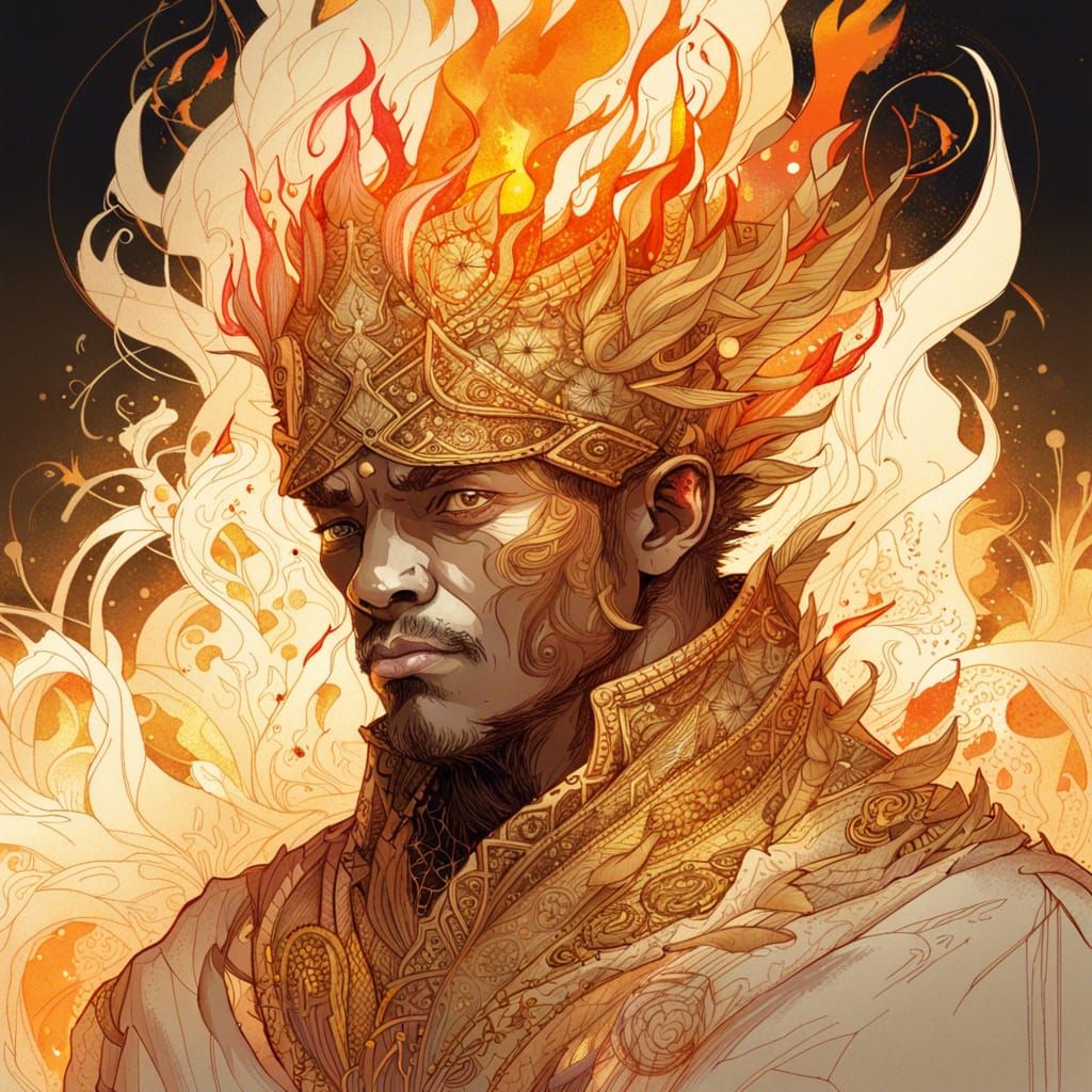 Flaming King Portrait with Gold Outlines