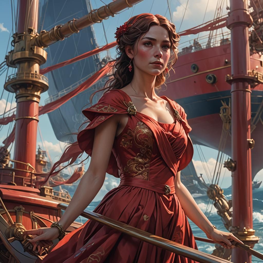 Woman in Red Dress on Ship, Hyperdetailed Portrait