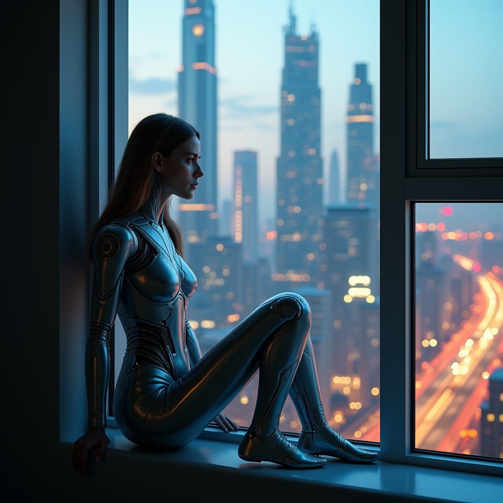Female Cyborg Gazing at Futuristic Cityscape at Dusk