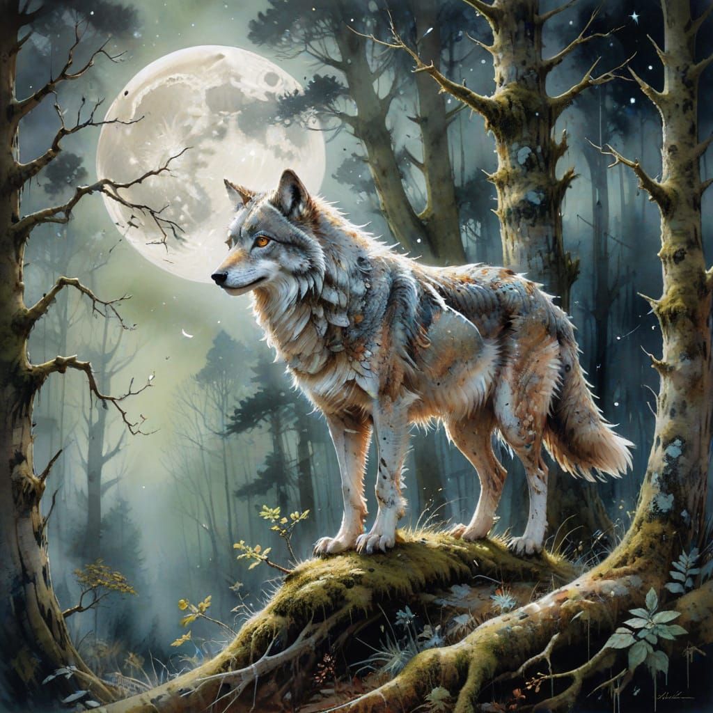 Moonlit Wolf in Ancient Forest