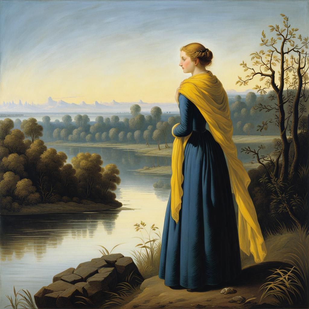 Romantic Woman at Riverbank in Style of 1800s Painting