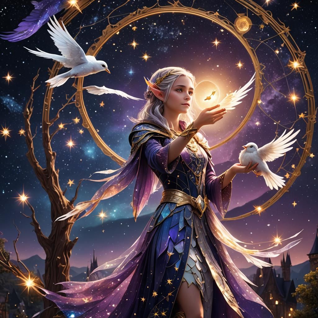 Mosaic Elf Releases Bird into Starry Sky