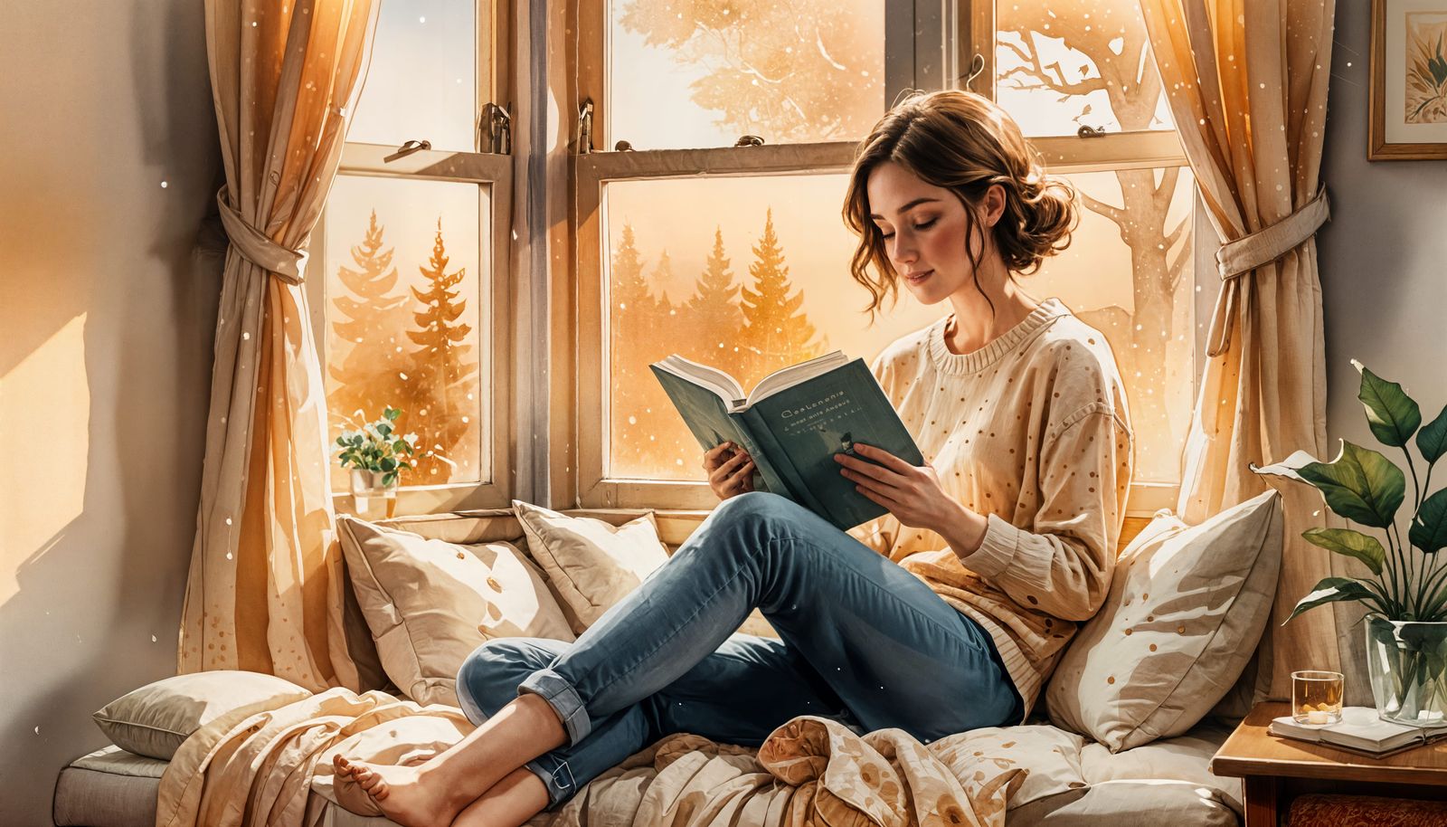 Cozy Window Seat Scene in Watercolor Style