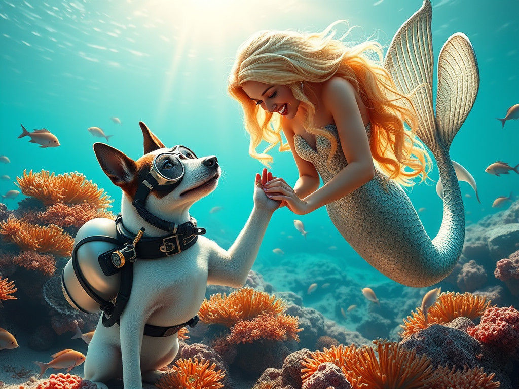 Dog Diver Meets Mermaid on Ocean Floor