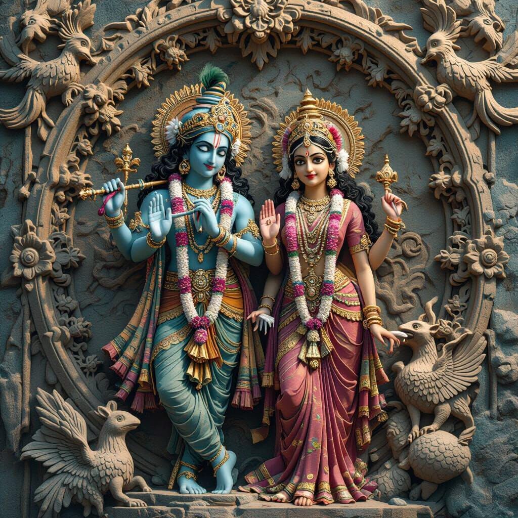 Radha Krishna Surrounded by Mythological Bas-Relief