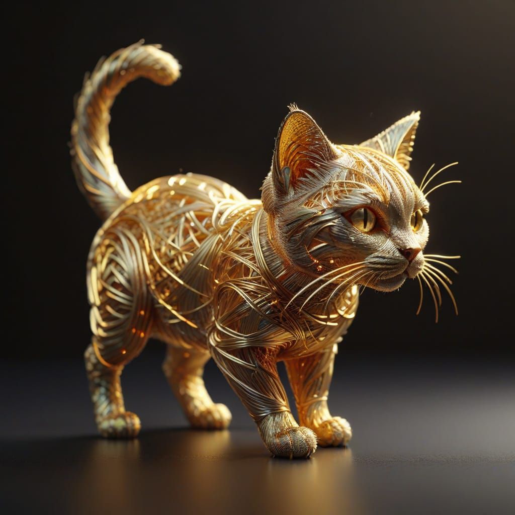 3D Cat Silhouette Woven From Gold Metallic Thread in Pixar S...