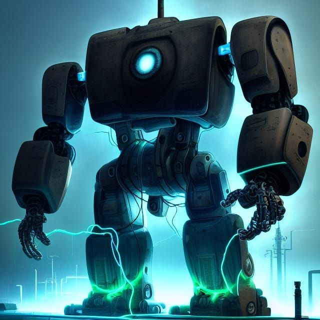 Giant Robot Recharging in Post-Apocalyptic Landscape