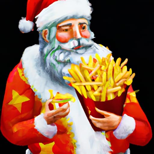 Santa Clause holding fries, celebrating in birthday hat, hyper detailed digital art